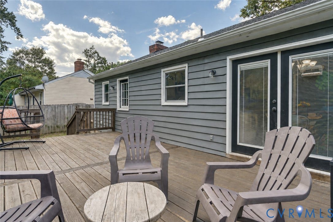 4647 Brookridge Road, Chesterfield, VA 23832 Wood-finish deck with exterior siding, multiple windows, and a glass-paneled entry door