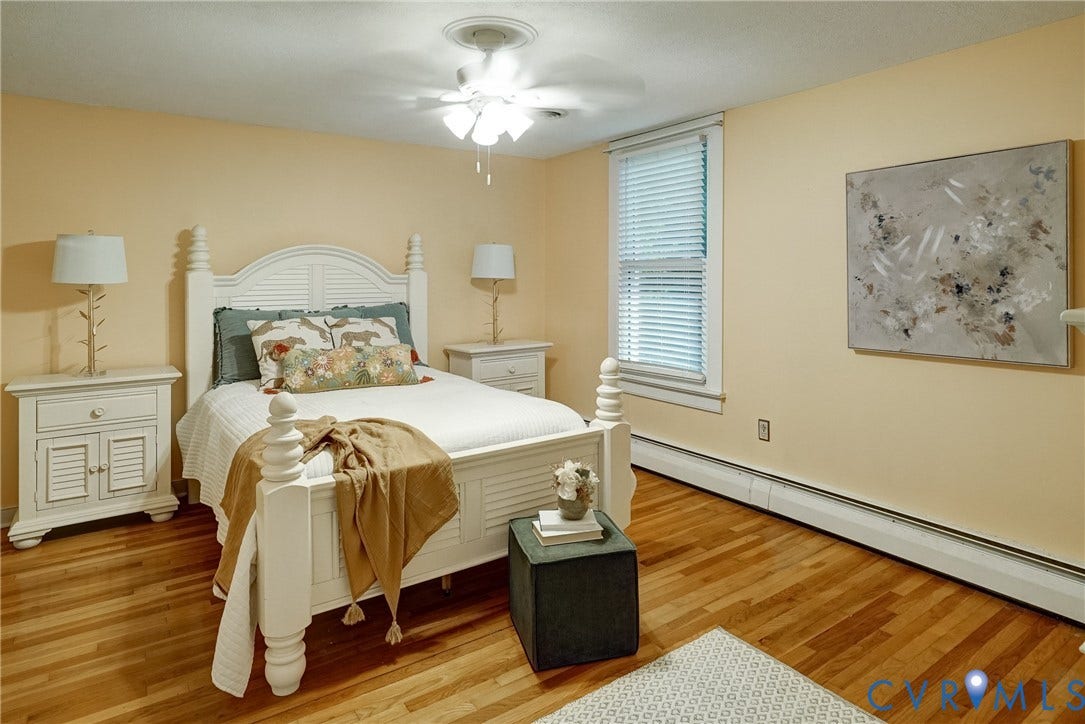 Hardwood flooring, ceiling fan with light fixture, window with blinds
