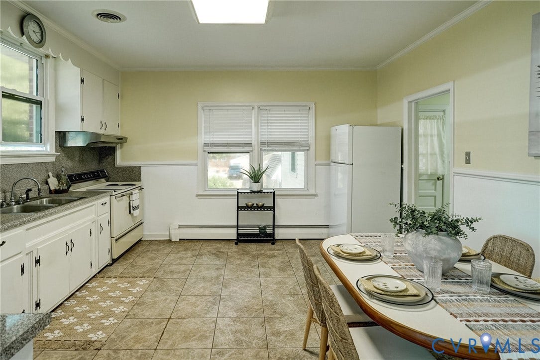Kitchen featuring  white cabinetry, 
 and tile flooring