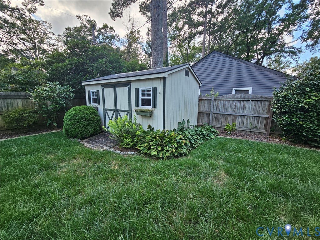 10205 Gwynnbrook Road, Richmond, VA 23235 Storage shed with dual doors, white exterior, and dark green trim accents