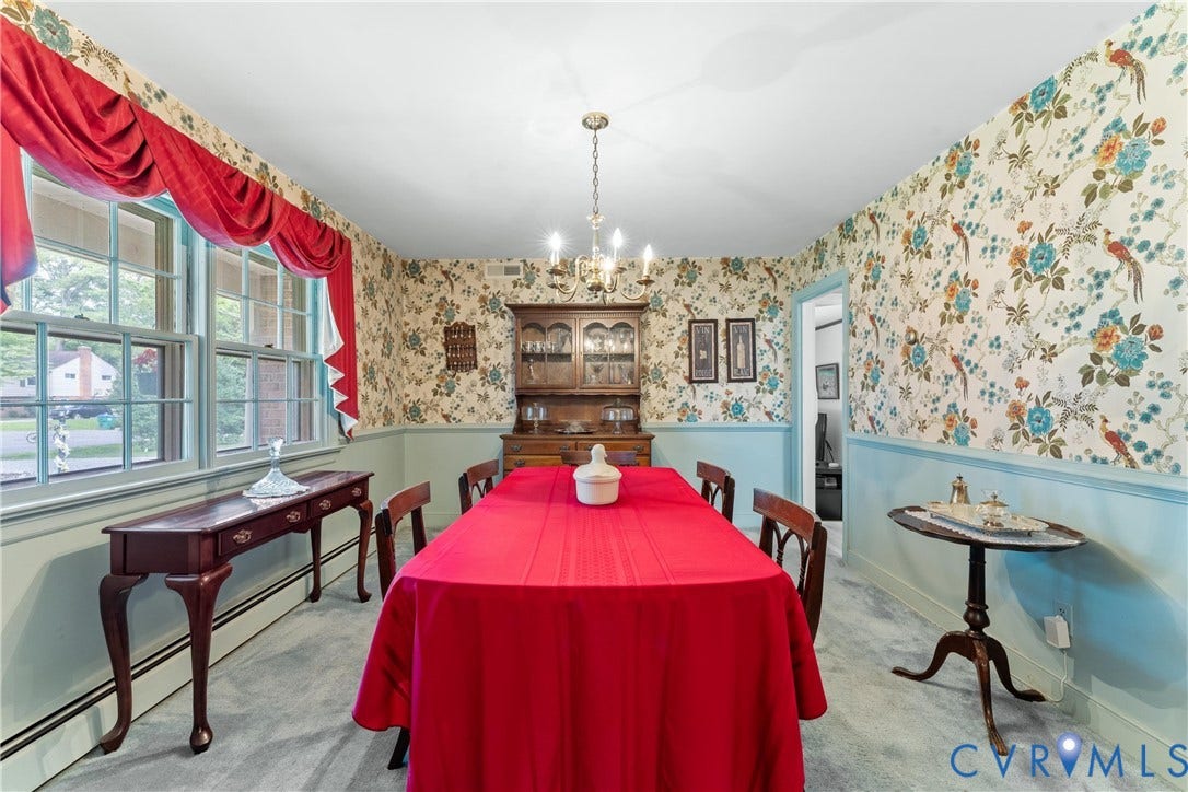 10205 Gwynnbrook Road, Richmond, VA 23235 Chandelier lighting, patterned wallpaper, picture frame molding, double-hung windows