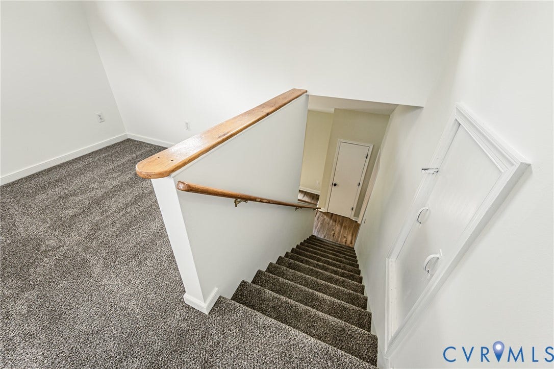1520 Willow Brook Road, Louisa, VA 23024 Carpeted stairs with a natural wood handrail, leading to a lower level with wood-finish flooring and a white paneled door for storage