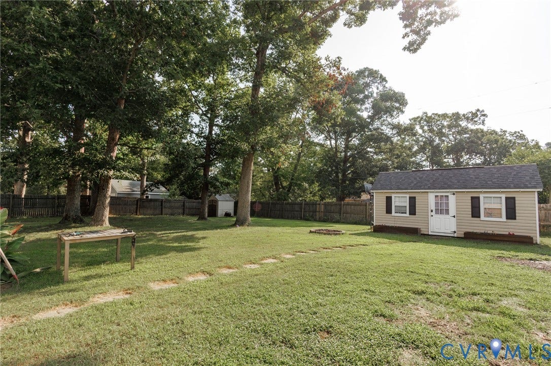 15525 Saddlebrook Road, Chesterfield, VA 23838 Expansive grassy yard featuring mature trees, a wooden fence, and a detached outbuilding with siding and a shingled roof
