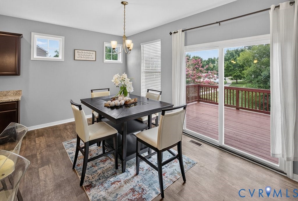 7401 Nicklaus Circle, Moseley, VA 23120 Wood-finish flooring with a multi-pane sliding glass door leading to an exterior deck