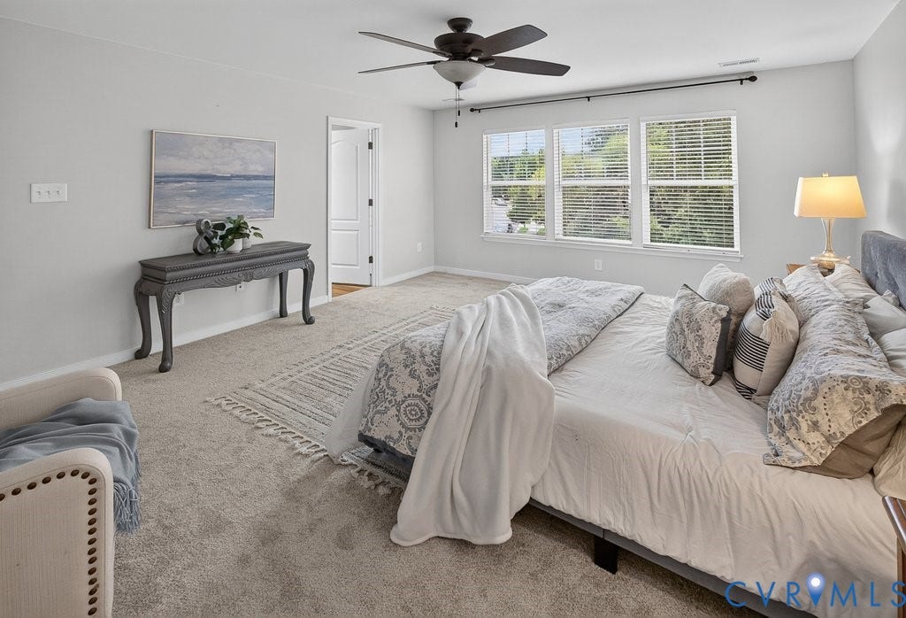 7401 Nicklaus Circle, Moseley, VA 23120 Carpeted flooring, ceiling fan, three pane windows with blinds, and light gray wall paint