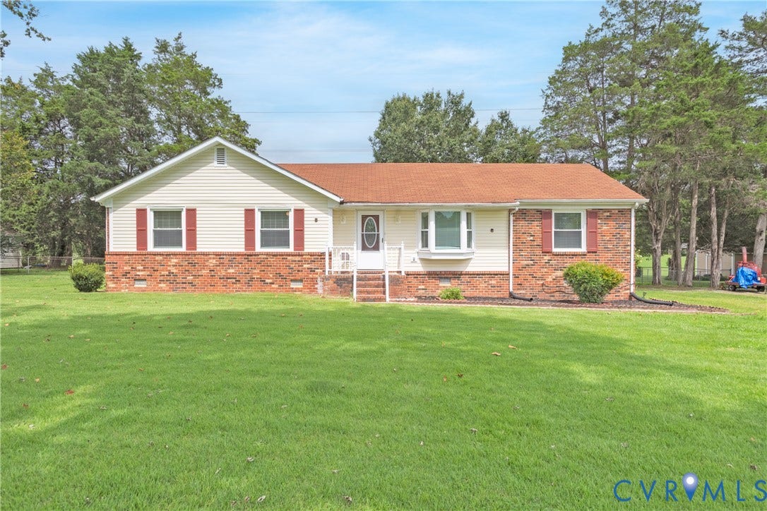 2730 Kinvan Road, Henrico, VA 23231 Single-story residence featuring light-colored siding, a red shingle roof, and brick detailing