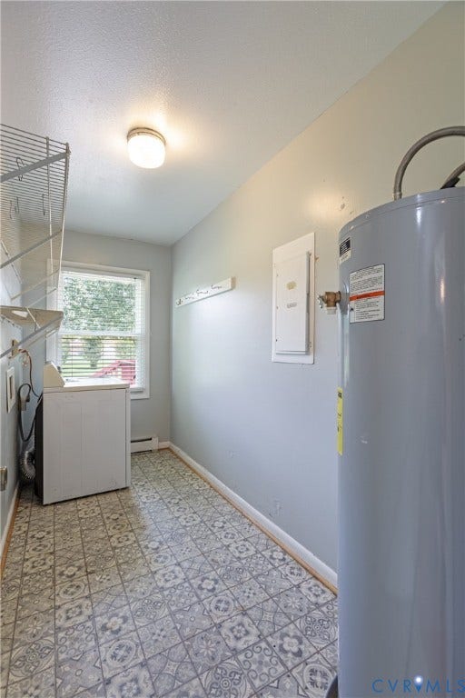 2730 Kinvan Road, Henrico, VA 23231 Patterned floor tiles, wall-mounted wire shelving, and a water heater
