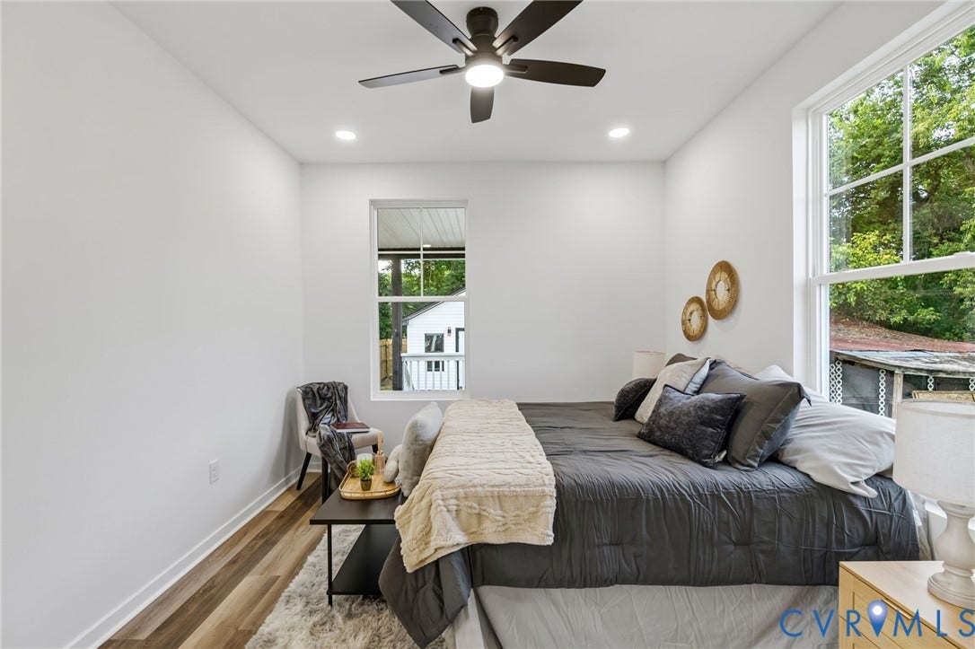 516 S South Street, Myers, Petersburg, VA 23803 Spacious room featuring white walls, wood-finish flooring, recessed lighting, and a ceiling fan