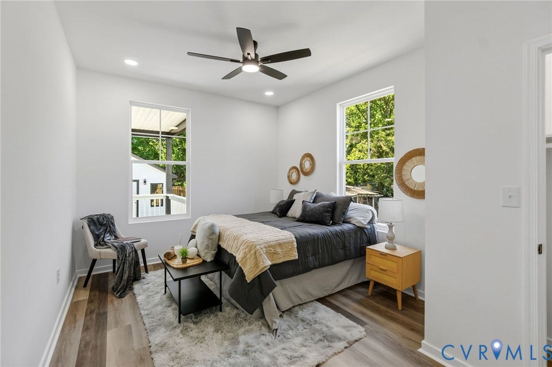 516 S South Street, Myers, Petersburg, VA 23803 Recessed lighting, wood-finish flooring, two window units, and a ceiling fan with integrated lighting