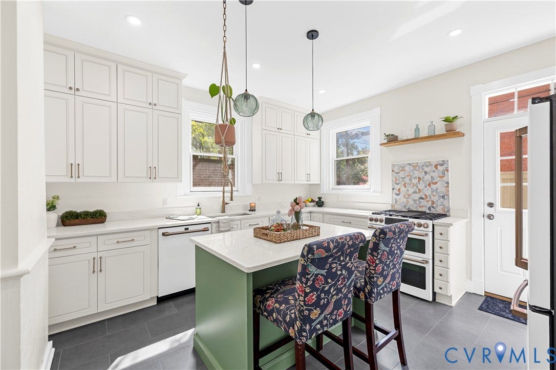 109 N Morris Street, The Fan, Richmond, VA 23220 White shaker cabinetry, stone countertops, a central island, stainless steel range, and slate-finish flooring