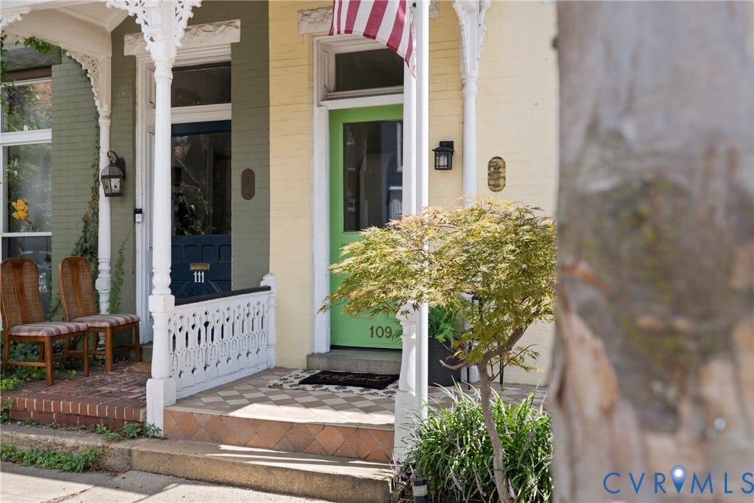 109 N Morris Street, The Fan, Richmond, VA 23220 Distinctive porch with white ornate railings, a lime green entry door, and patterned tile flooring