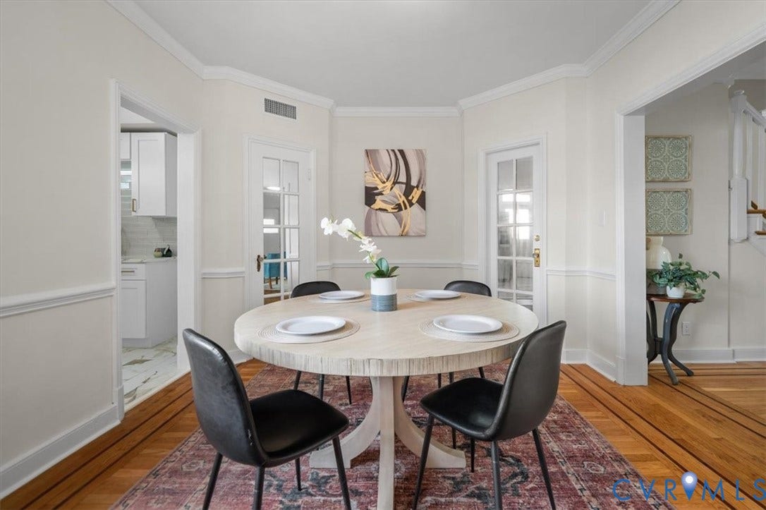 3510 Hanover Avenue, Museum District, Richmond, VA 23221 Hardwood flooring, crown molding, chair rail detailing, French doors, and a built-in air vent