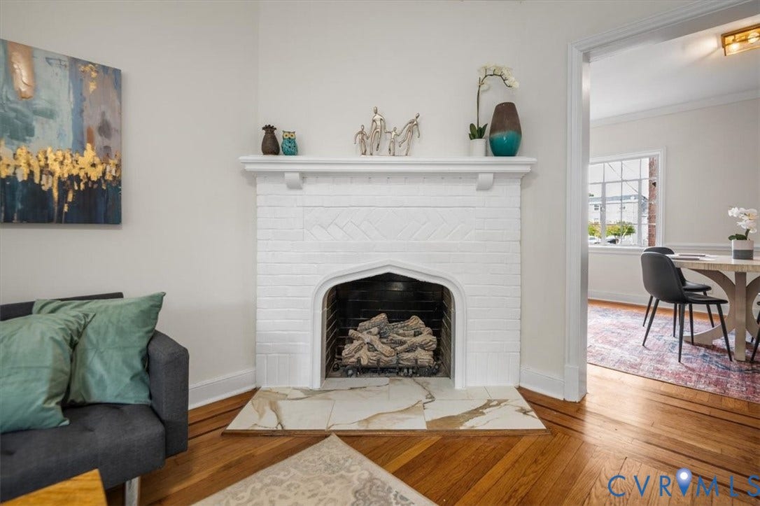 3510 Hanover Avenue, Museum District, Richmond, VA 23221 White-painted brick fireplace with a decorative mantel and hearth