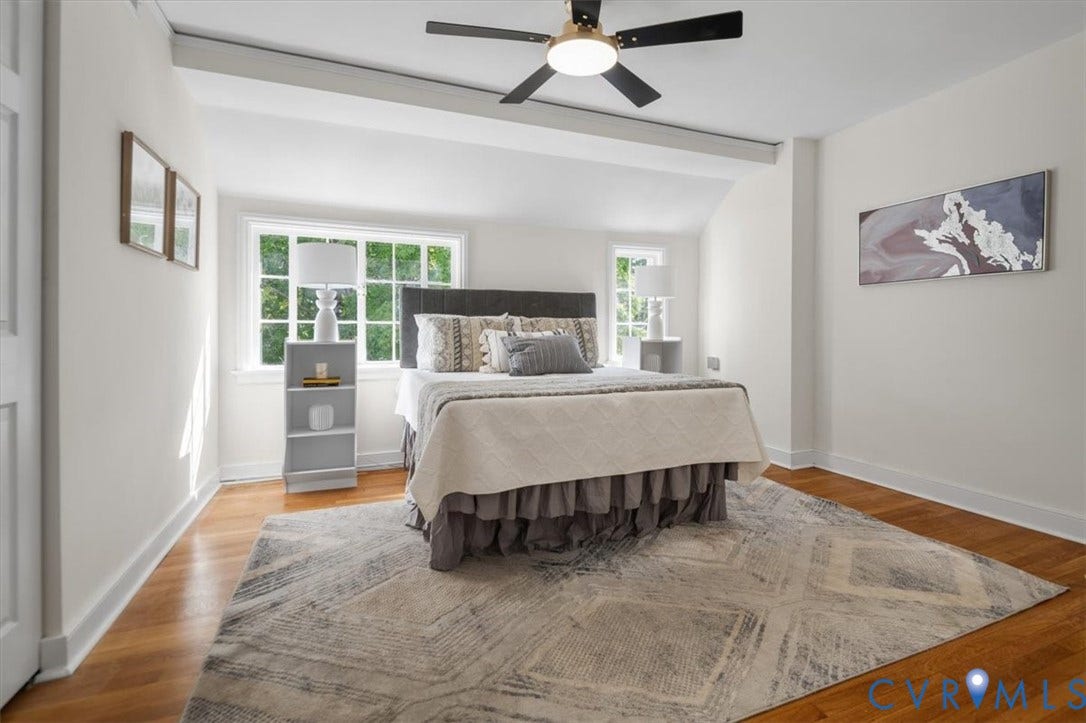 3510 Hanover Avenue, Museum District, Richmond, VA 23221 Hardwood flooring, painted white walls, recessed window, ceiling fan, and exposed ceiling beam