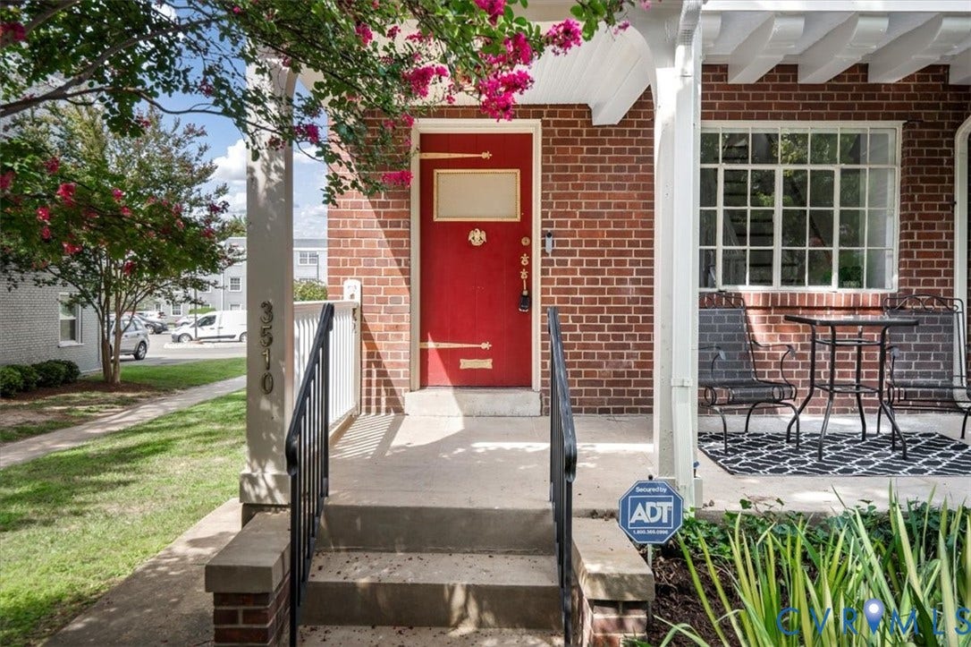 3510 Hanover Avenue, Museum District, Richmond, VA 23221 Brick exterior featuring a red entry door, white trim, and a covered porch