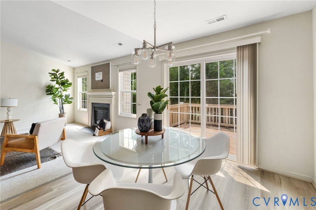 3173 Poplar View Place, Ashley Forest, Chester, VA 23831 Light wood-finish flooring, a fireplace with a mantel, double windows, sliding glass doors, and a wood deck