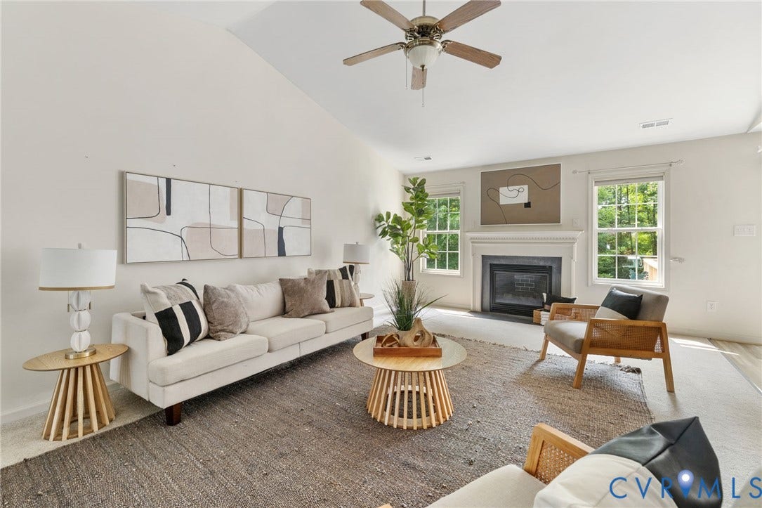 3173 Poplar View Place, Ashley Forest, Chester, VA 23831 Vaulted ceiling, ceiling fan, fireplace with mantel, double windows, and wood-finish flooring