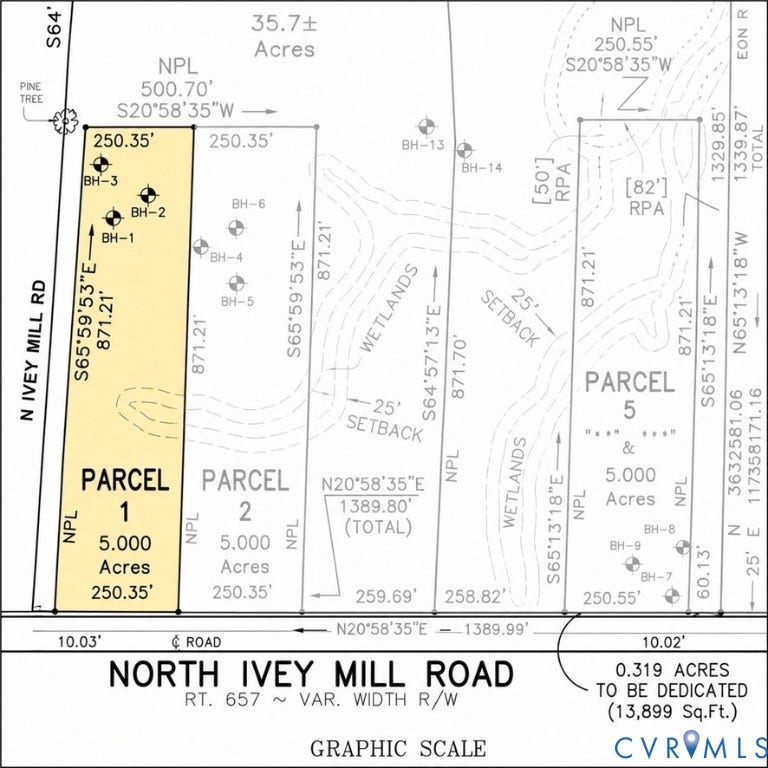 14371 N Ivey Mill Road, Chesterfield, VA 23838 Survey Plat. Illustrating property divisions, boundaries, and geographical features of the property