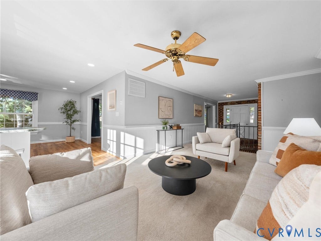 Recessed lighting, ceiling fan, carpet flooring, wood-finish flooring, half-wall wainscoting