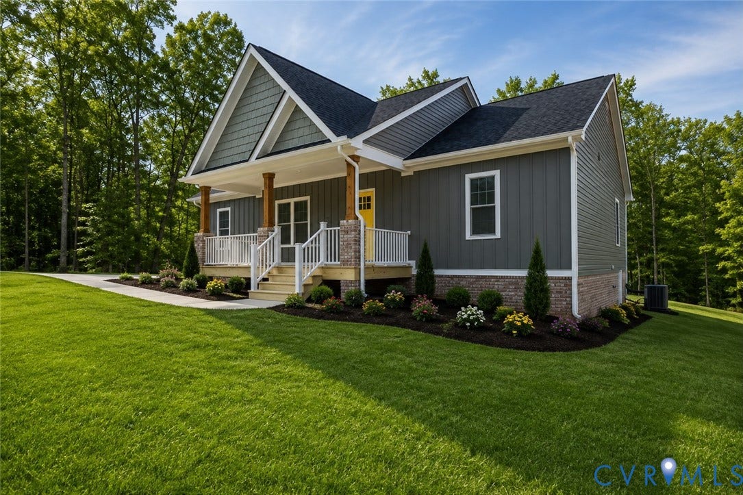 Lot 1A Tabscott Road, Columbia, VA 23038 Gable roofline with dark shingles, grey vertical siding, and green shake siding accents