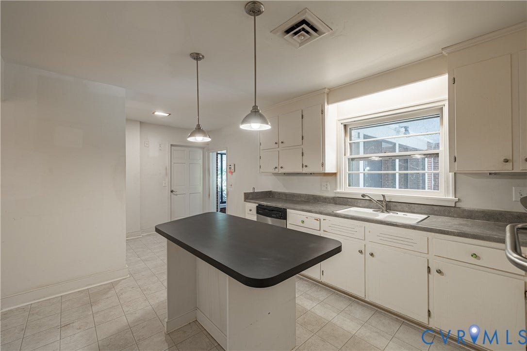4532 Arrowhead Road, Statford Hills / Oxford, Richmond, VA 23235 Kitchen featuring a central island with a dark countertop, white cabinetry, a single basin sink, and pendant lighting