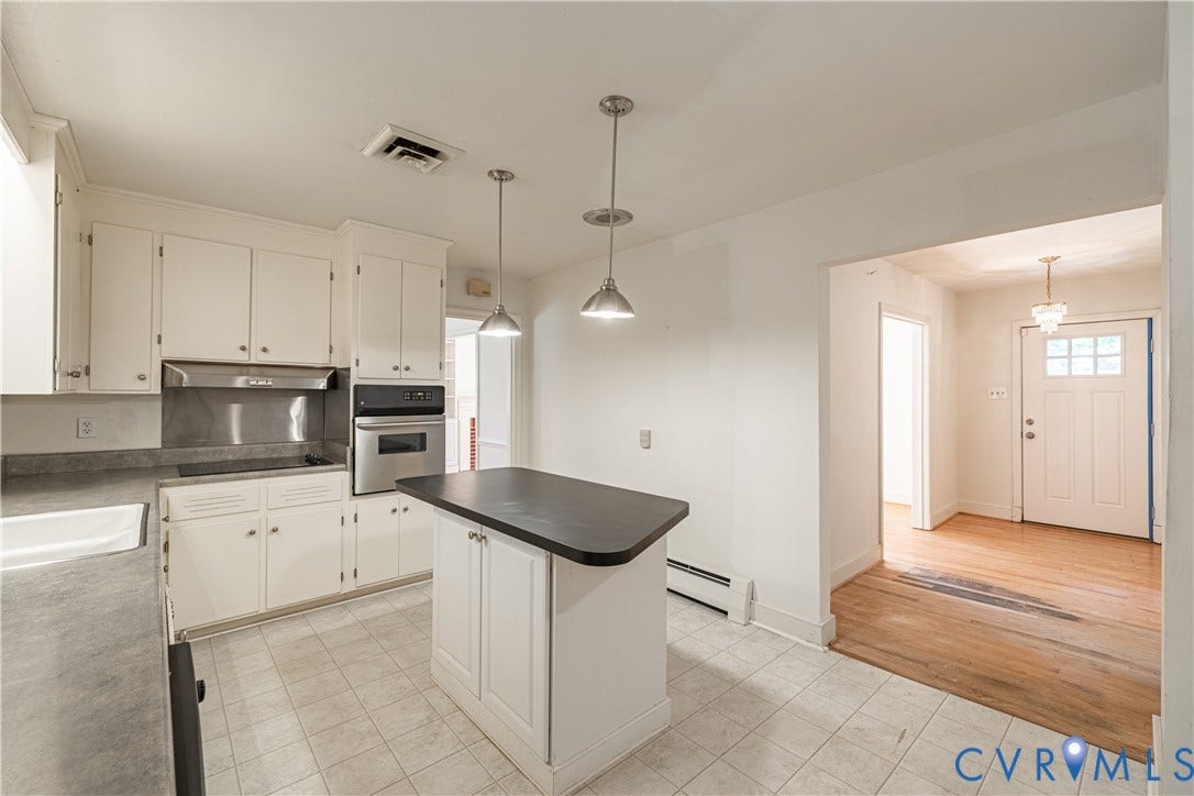 4532 Arrowhead Road, Statford Hills / Oxford, Richmond, VA 23235 Kitchen featuring white cabinetry, built-in stainless steel wall oven, stainless steel range hood, and a central island with overhead pendant lighting