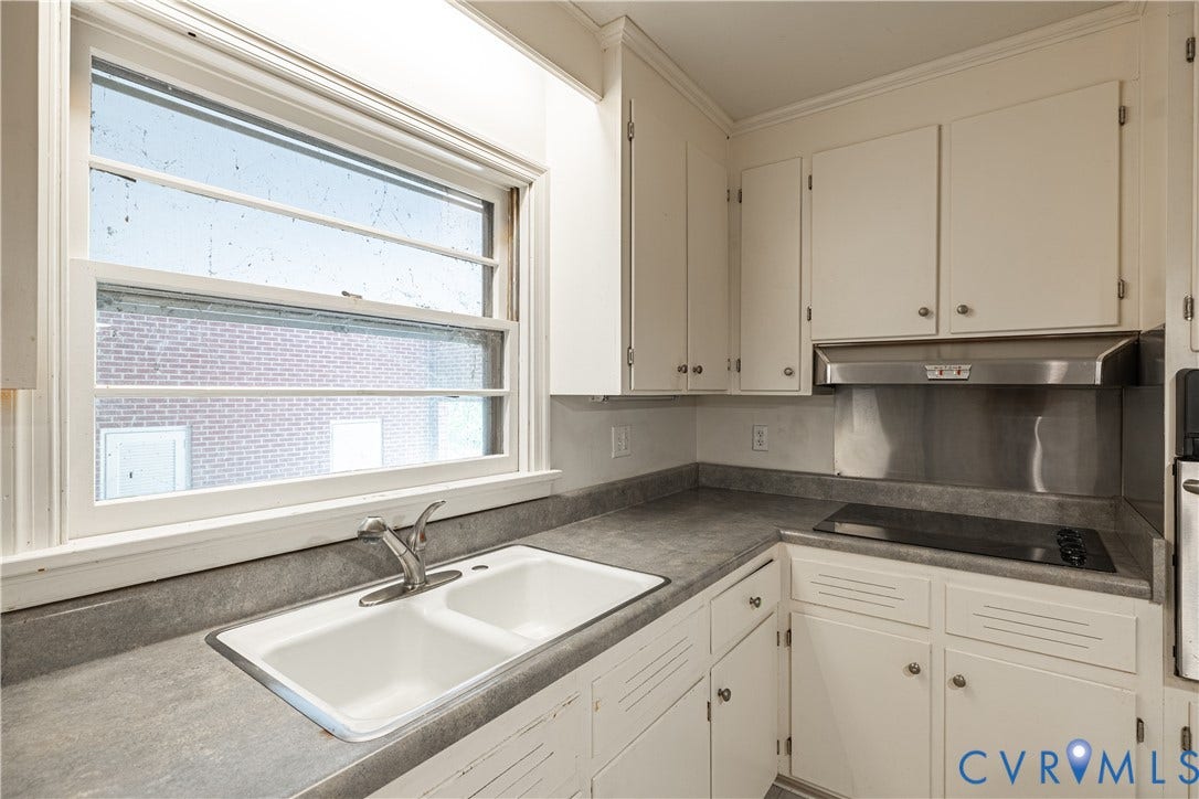 4532 Arrowhead Road, Statford Hills / Oxford, Richmond, VA 23235 White cabinetry, double-basin sink, built-in cooktop, and stainless steel range hood