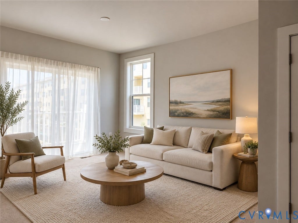 4113 Greybull Drive, #A, Gateway Square, Henrico, VA 23233 Virtually staged. Spacious living area featuring large windows, neutral wall tones, recessed lighting, and bright natural light