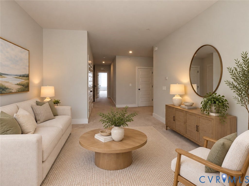 4113 Greybull Drive, #A, Gateway Square, Henrico, VA 23233 Virtually staged. Recessed lighting, light-toned carpeting, and a built-in console cabinet with storage
