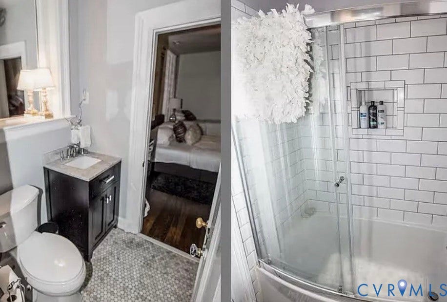 710 N Arthur Ashe Boulevard, Historic Fan District, Richmond, VA 23220 Vanity with dark wood cabinetry and light-toned countertop, hexagonal tile flooring, white subway tile shower surround, and built-in shower niche