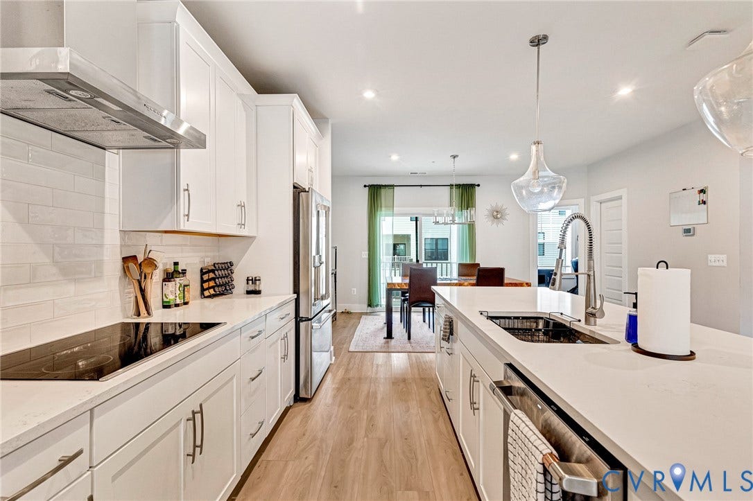 528 Greybull Walk, #B, Glen Allen, VA 23233 Kitchen featuring white cabinetry, stainless steel appliances, a tile backsplash, wood-finish flooring, and a large island with an integrated sink