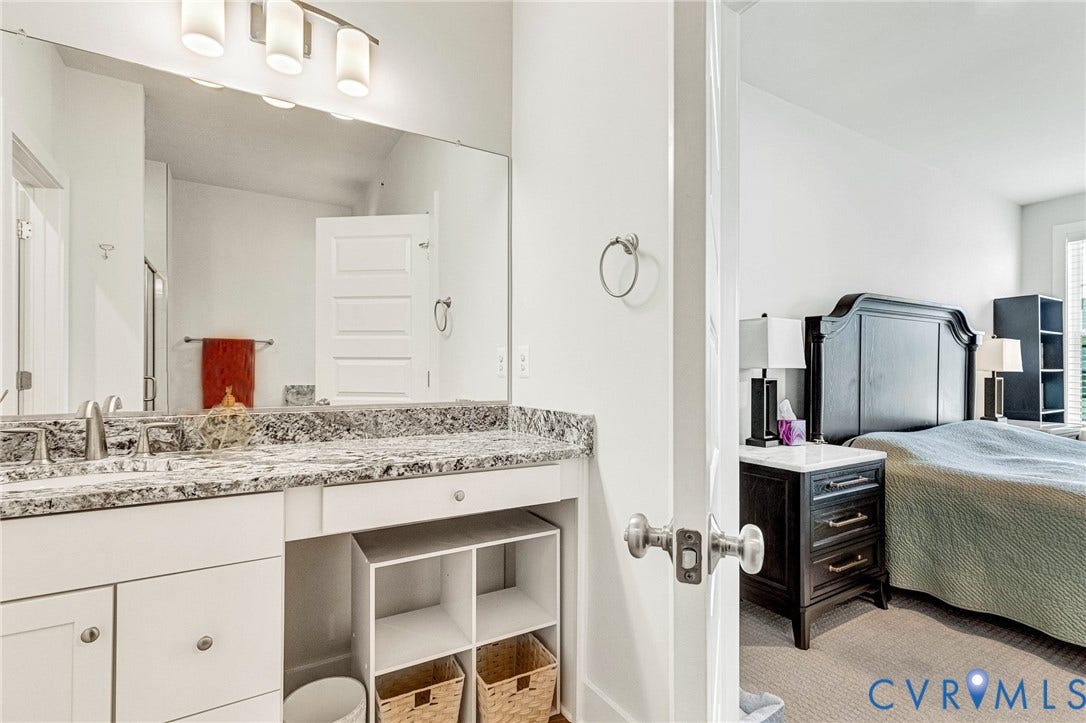 528 Greybull Walk, #B, Glen Allen, VA 23233 Dual vanity with integrated sinks, speckled countertop, and under-counter storage
