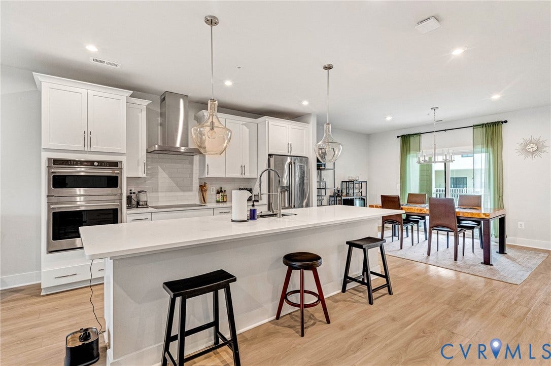 528 Greybull Walk, #B, Glen Allen, VA 23233 Open-concept kitchen with white shaker cabinetry, stainless steel appliances, and a central island with countertop seating