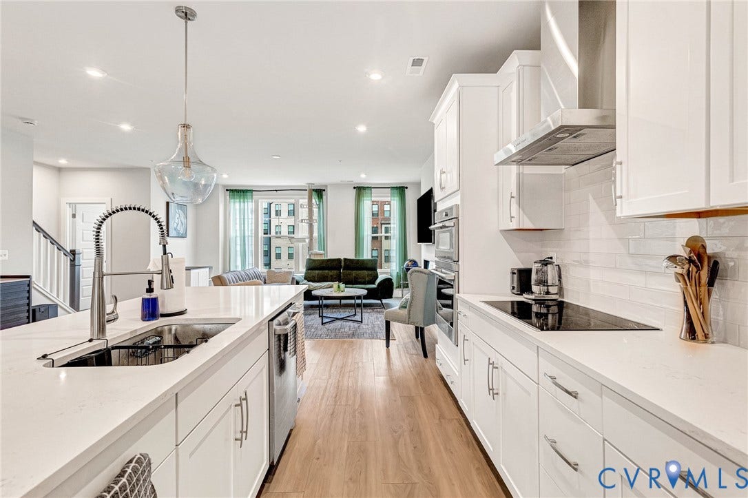 528 Greybull Walk, #B, Glen Allen, VA 23233 Modern kitchen featuring white cabinetry, a large kitchen island with an undermount sink, an electric cooktop, and stainless steel appliances