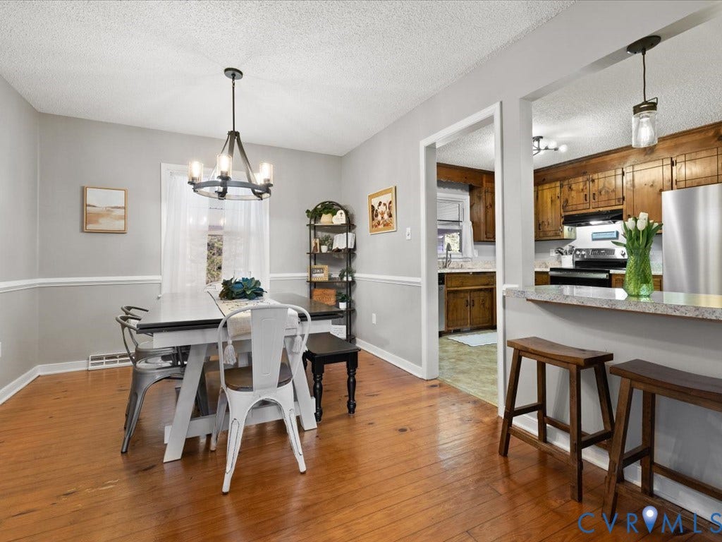 12724 S Chester Road, Chesterfield, VA 23831 Wood-finish flooring throughout, two-tone wall treatment, and a contemporary chandelier