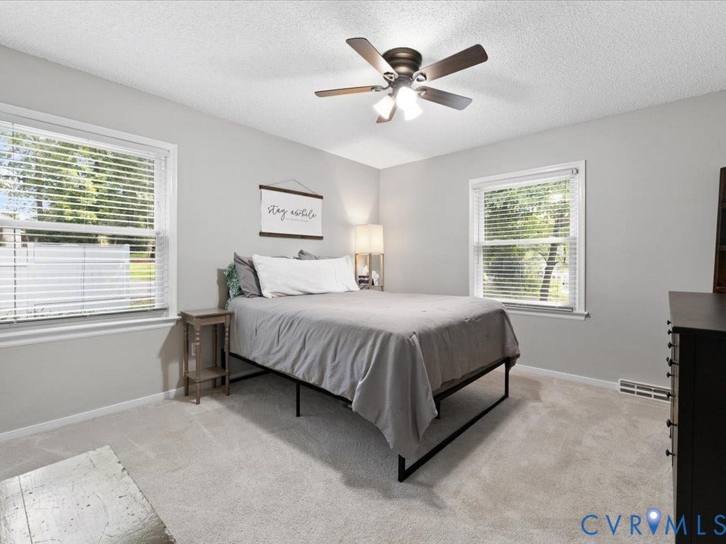 12724 S Chester Road, Chesterfield, VA 23831 Bedroom 2 Plush carpet flooring, neutral painted walls, dual windows with blinds, and a ceiling fan.