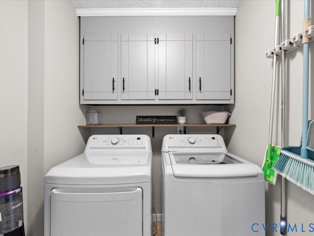 12724 S Chester Road, Chesterfield, VA 23831 White upper cabinetry with black hardware, wood-finish floating shelf