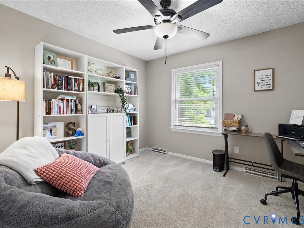 12724 S Chester Road, Chesterfield, VA 23831 Bedroom 3 Plush carpet flooring, neutral painted walls, dual windows with blinds, and a ceiling fan.