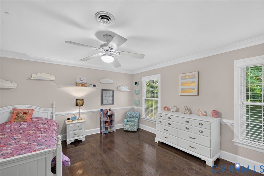 12800 Leffingwell Court, Henrico, VA 23233 Hardwood flooring, painted walls with chair rail and crown molding, multiple windows with blinds, and a ceiling fan with integrated lighting