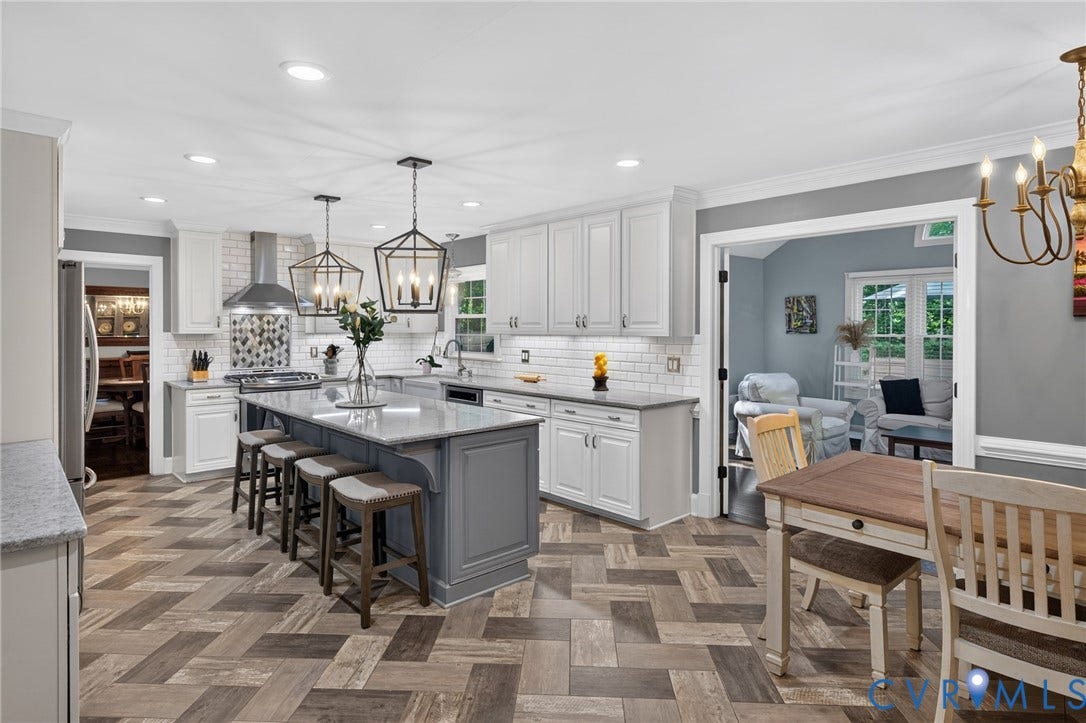 12800 Leffingwell Court, Henrico, VA 23233 Kitchen featuring white cabinetry, a gray kitchen island with seating, pendant lighting, herringbone wood-finish flooring, and stainless steel appliances