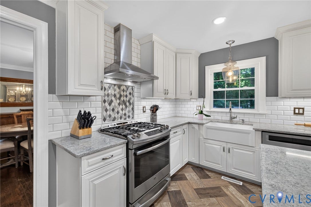 12800 Leffingwell Court, Henrico, VA 23233 White shaker cabinetry, light-toned countertops, subway tile backsplash, stainless steel gas range, and a farmhouse sink