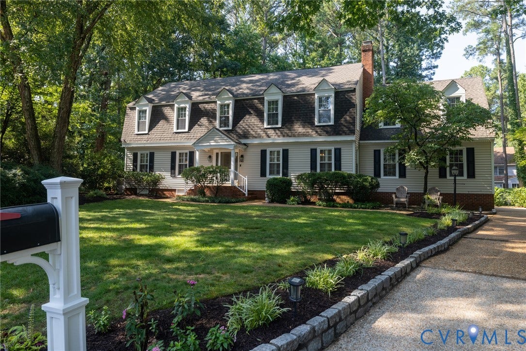 12800 Leffingwell Court, Henrico, VA 23233 Traditional Colonial exterior with multiple dormer windows, a covered entry porch, and black louvered shutters