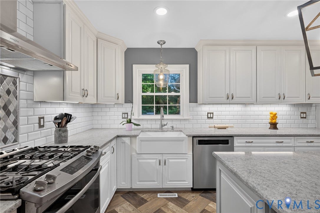 12800 Leffingwell Court, Henrico, VA 23233 White shaker cabinetry, light-toned countertops, white subway tile backsplash, stainless steel appliances, and a farmhouse sink