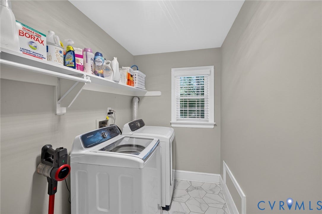 12800 Leffingwell Court, Henrico, VA 23233 White shelving system, white window blinds, white-framed window, neutral wall paint, hexagonal floor tiling