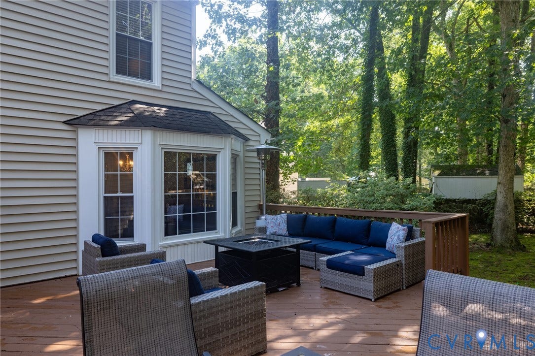 12800 Leffingwell Court, Henrico, VA 23233 Expansive wood deck with a bay window feature, surrounded by mature trees