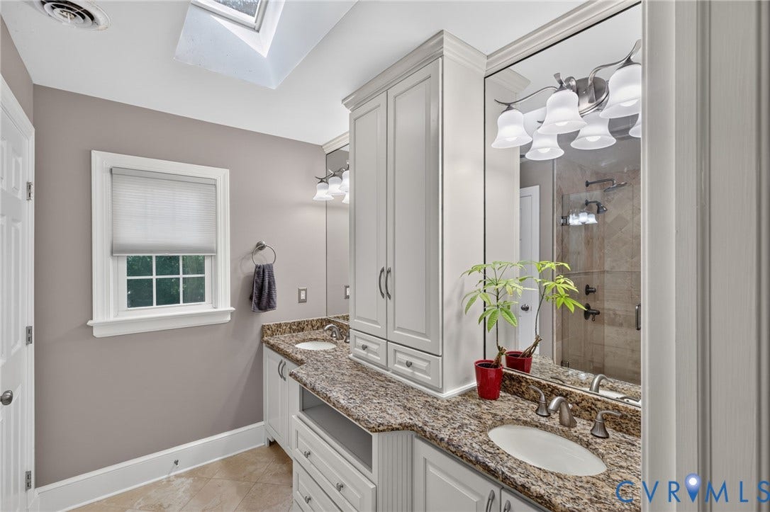 12800 Leffingwell Court, Henrico, VA 23233 Dual vanity with individual sinks, granite countertops, built-in cabinetry, and overhead skylight