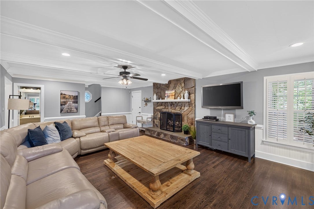 12800 Leffingwell Court, Henrico, VA 23233 Hardwood flooring, stone-clad fireplace, coffered ceiling, recessed lighting, and white plantation shutters
