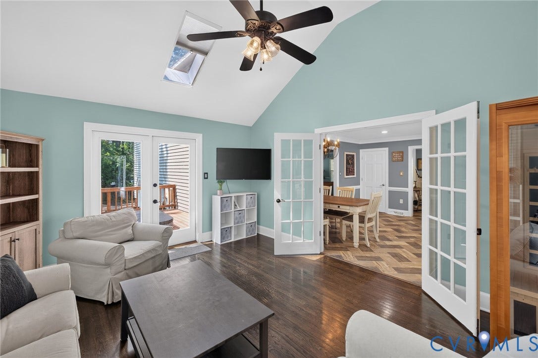 12800 Leffingwell Court, Henrico, VA 23233 Vaulted ceiling with skylight, dark wood-finish flooring, white French doors, and ceiling fan with integrated lighting