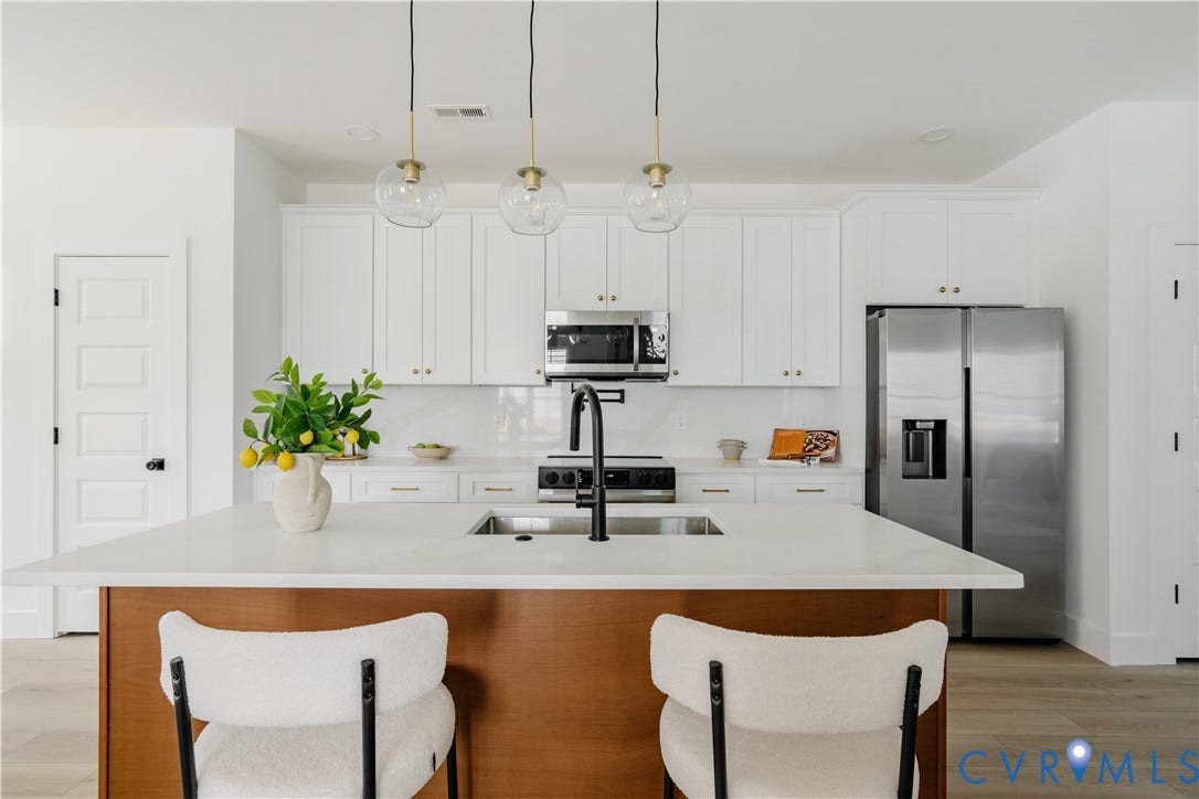 3106 Groveland Avenue, Richmond, VA 23222 Kitchen featuring white shaker cabinetry, stainless steel appliances, a center island with a wood-finish base, and pendant lighting
