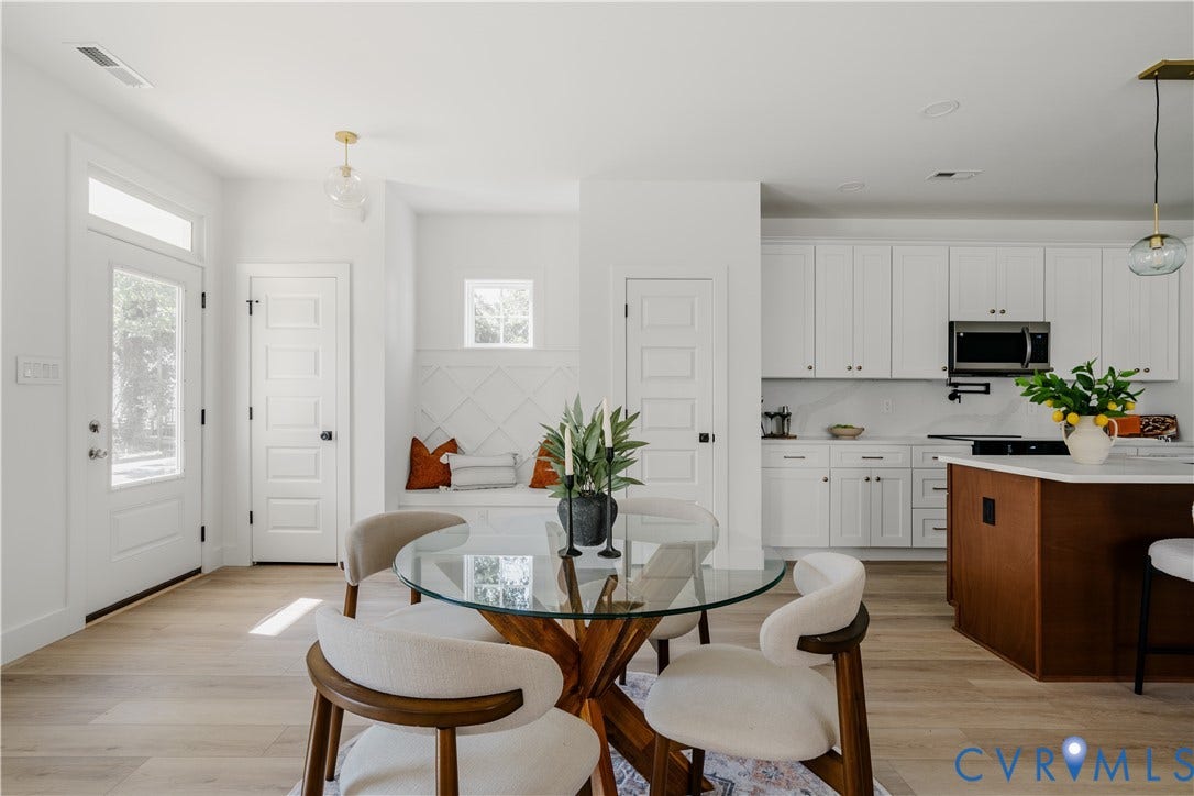 3106 Groveland Avenue, Richmond, VA 23222 Wood-finish flooring throughout, white kitchen cabinetry, stainless steel microwave, and a wooden island with a light-colored countertop